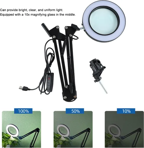 Miniatura 5 de Lámpara de aumento LED con abrazadera, 2.200 lupa regulable súper brillante con luz y soporte, lámpara de lupa de brazo giratorio ajustable