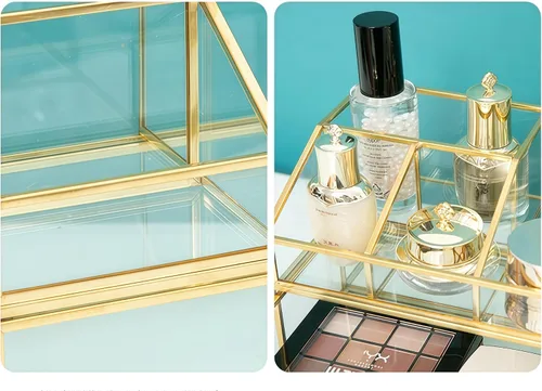 Miniatura 6 de JIARI Organizador de maquillaje de cristal con cajón, caja de exhibición de joyas con marco de latón dorado, almacenamiento de cosméticos