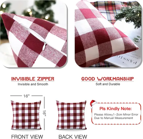 Miniatura 9 de OTOSTAR Paquete de 2 fundas de almohada clásicas de lino a cuadros navideños de 16 x 16 pulgadas, fundas de cojín cuadradas suaves para decoración