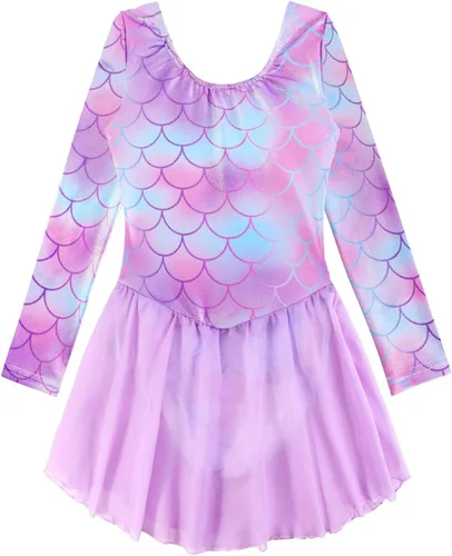 EQSJIU Leotardo de ballet de manga larga con falda tutú para niñas, baile, gimnasia, niños pequeños, vestido de fiesta de copo de nieve brillante