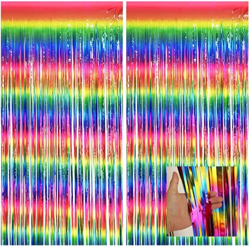 Paquete de 2 cortinas de oropel de papel de aluminio de colores (3.2 x 8.2 pies), cortinas de flecos metálicos iridiscentes con purpurina para