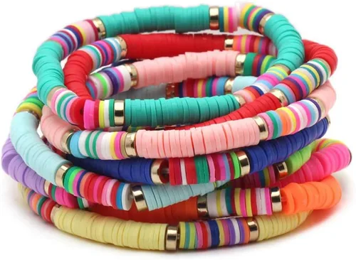 Miniatura 4 de CASDAN 14 pulseras Heishi para mujer con cuentas de disco de vinilo arco iris Srting Stack pulsera surfista cuerda elástica pulseras verano playa