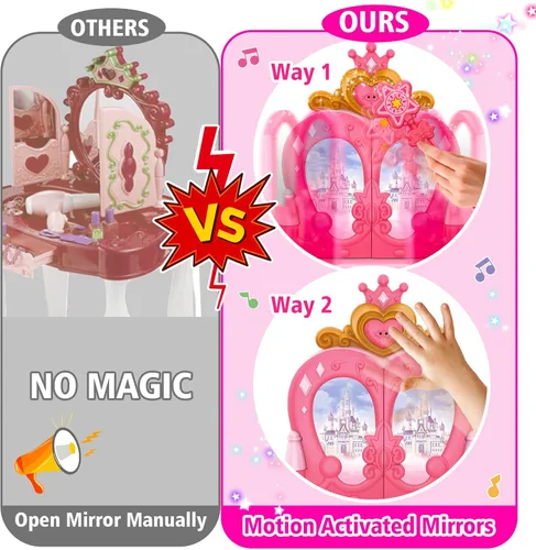 Miniatura 4 de Juego de maquillaje mágico para niños pequeños, mesa y silla, espejo automático con música, color rosa claro, juguetes para niñas de 3, 4, 5 años