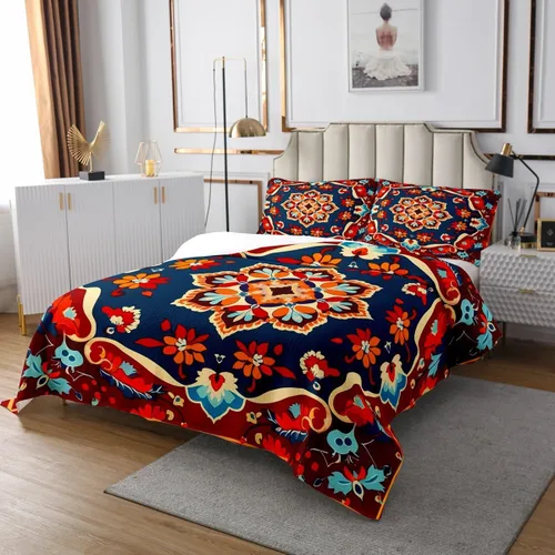 Miniatura 4 de Erosebridal Juego de edredón oriental tamaño individual, vintage, juego de ropa de cama floral Art Deco, juego de ropa de cama tribal bohemio juego
