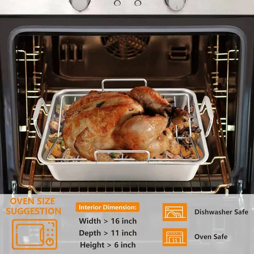 Miniatura 4 de LIANYU Sartén para asar pavo de 14 pulgadas, con 2 estantes, de acero inoxidable resistente, para lasaña profunda, para pavo, pollo, lavavajillas