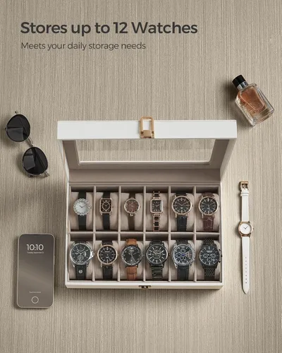 Miniatura 4 de SONGMICS Caja de reloj, caja de reloj de 12 ranuras con tapa de vidrio grande, almohadas extraíbles para reloj, organizador de caja de reloj, regalo