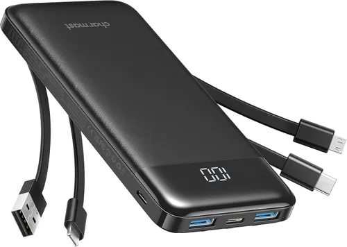 charmast Cargador portátil de 10000 mAh, 4 cables integrados, 6 salidas/3 entradas, carga rápida de 3 A, compatible con iPhone, iPad, Samsung,