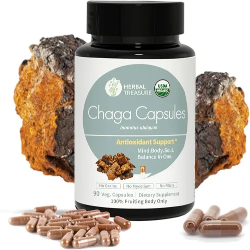 Herbal Treasure - Cápsulas de polvo de hongos Chaga, suplemento de hongos para hongos funcionales, cápsulas de hongos Chaga para energía y apoyo