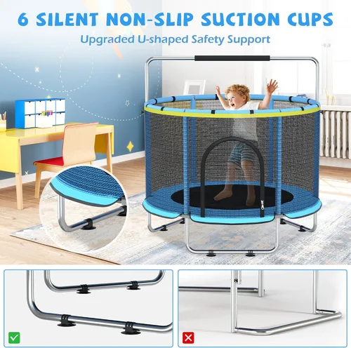 Miniatura 3 de Cama elástica para niños con malla de encierro, cama elástica mini para interiores y exteriores con barra de gimnasia ajustable, aro de baloncesto