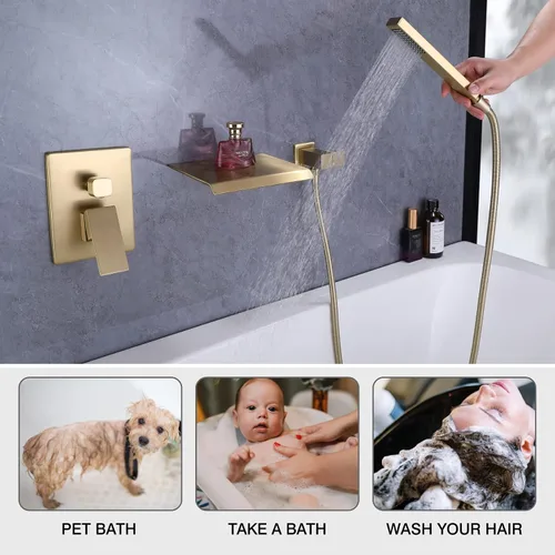 Miniatura 3 de Taplong Grifo de bañera de montaje en pared con boquilla de cascada, juego de grifo de bañera montado en la pared con rociador de mano dorado