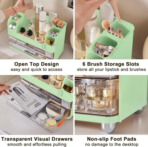 Miniatura 6 de DASITON Organizador de maquillaje de gran capacidad para tocador con 2 cajones, organizadores de cuidado de la piel con soporte para brochas