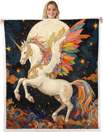 Manta de unicornio de ensueño, manta de cielo estrellado con plumas de arco iris para niñas, adolescentes y adultos, manta de forro polar exótica