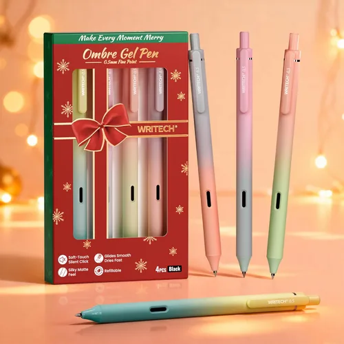 WRITECH Bolígrafos de gel de punta fina: 0.5mm, 4 unidades, bolígrafo retráctil con clic, tinta negra, color estético degradado, cañón suave para