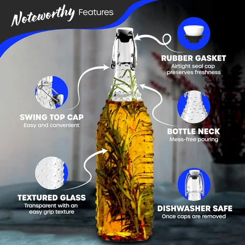 Miniatura 2 de Nevlers, juego de 6 botellas de vidrio con tapa abatible de 33 oz con puntos Botellas de vidrio transparentes de 1 litro con tapa, envoltura