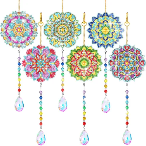 Yeaqee 6 piezas de pintura de diamante, diseño de mandala, campanillas de viento de doble cara, manualidades de pintura para adultos, ventana,