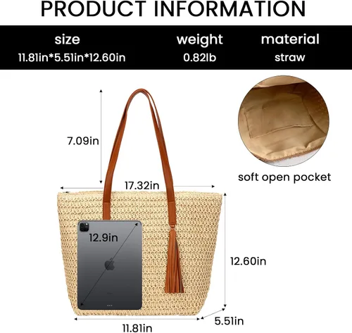 Miniatura 3 de Bolsa de playa de paja, bolsa de mano tejida de verano, bolso de hombro grande, bolsos de paja y bolsos para mujeres de vacaciones