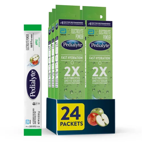 Pedialyte paquetes de electrolitos en polvo para hidratación rápida, sabor manzana, bebida hidratante, 24 paquetes de polvo de una porción