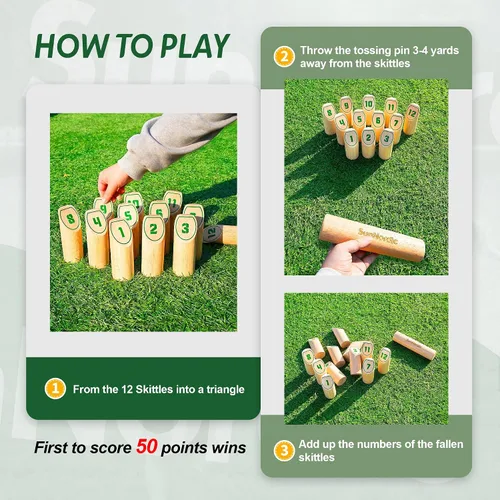 Miniatura 4 de SunNordic Wooden Throwing Game Set, Numbered Block Toss Games with 1 x Scoreboard,12 x Premium Rubber Wood Pins & 1 x Dowel, Outdoor Backyard Lawn