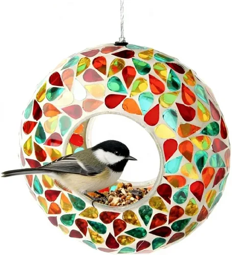 Lily's Home Comedero Colgante de Mosaico de Vidrio de 15 Cm para Pájaros al Aire Libre Comedero Grande para Pájaros con Paso para Volar para