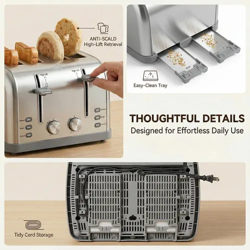 Miniatura 7 de Tostador retro de 4 rebanadas de acero inoxidable, el mejor tostador Prime de 4 rebanadas con ranura ancha y 7 configuraciones de tostado, perfecto