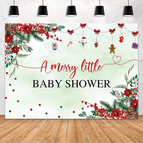 MEHOFOND Telón de fondo de Navidad de 7 x 5 pies para baby shower con texto en inglés "A Merry Little Baby Shower Decoraciones", pancarta roja de