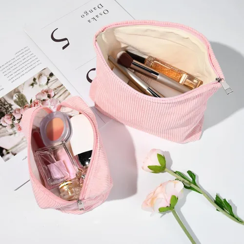 Miniatura 5 de SOIDRAM 2 Piezas Bolsa de Maquillaje Grande de Corduroy, Bolsa de Cosméticos de Lona de Gran Capacidad, Bolsa de Viaje y Artículos de Aseo, rosado