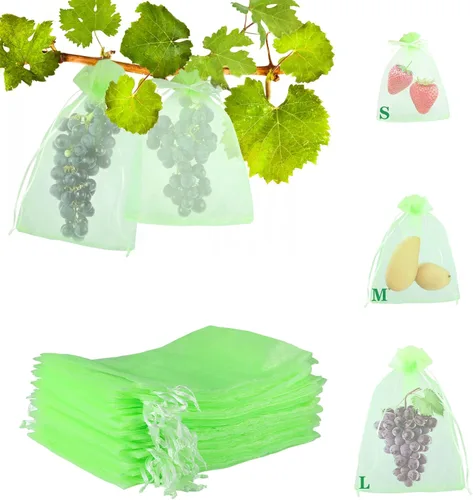 Kikhope 100 bolsas de protección de frutas, bolsa de malla para cubierta de frutas de jardín de 8 x 6 pulgadas, bolsas de red de frutas con cordón