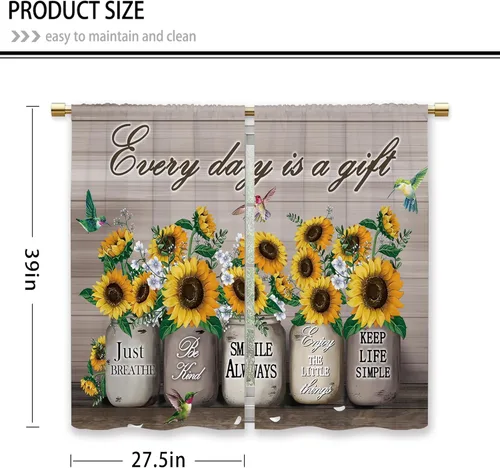 Miniatura 2 de Cortinas de Cocina de Girasol Estilo Granja, Cortinas de Ventana Cortas Pequeñas de Café con Flores Rústicas Florales del Campo, Cortinas de Ventana