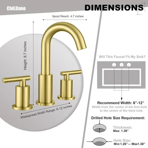 Miniatura 2 de ChiLDano Grifo de baño de oro cepillado, grifo de lavabo de baño extendido de 8 pulgadas de 3 orificios con desagüe y manguera, grifo de baño dorado