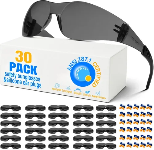 Miniatura 10 de Paquete de 12 lentes de seguridad transparentes para hombres y mujeres – Certificado ANSI Z87.1, 12 tapones de silicona para los oídos (NRR 25 dB)