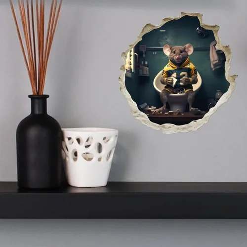 Miniatura 2 de Mouse de fútbol en el inodoro en el agujero del ratón, calcomanía de pared 3D, decoración del hogar de dibujos animados, arte de vinilo, estantería