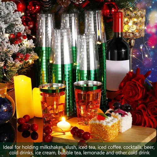 Miniatura 4 de Patelai 100 piezas de vasos de plástico verdes de 12 onzas, vasos de plástico con borde verde resistentes, vasos desechables para vino, vasos