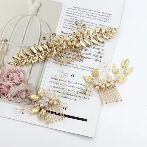 Miniatura 5 de inSowni Paquete de 21 peines laterales para el pelo de boda con hojas doradas y perlas en forma de U, accesorios para novias, damas de honor