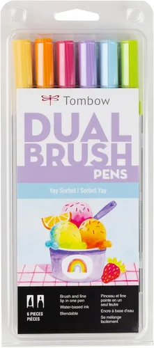 Tombow 56240 Marcadores artísticos de doble pincel, sorbete Yay, paquete de 6. Marcadores mezclables, con pincel y punta fina