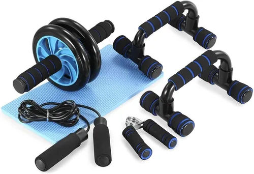 TOMSHOO - Kit de rodillos de rueda AB con barra de empuje, alfombrilla para rodillas, cuerda de saltar y agarre de mano - Entrenamiento de gimnasio