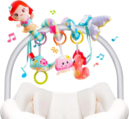 Koty Juguetes para asiento de automóvil colgantes, juguetes de cochecito de sirena azul para bebés de 0 a 6 meses, juguete de asiento de automóvil