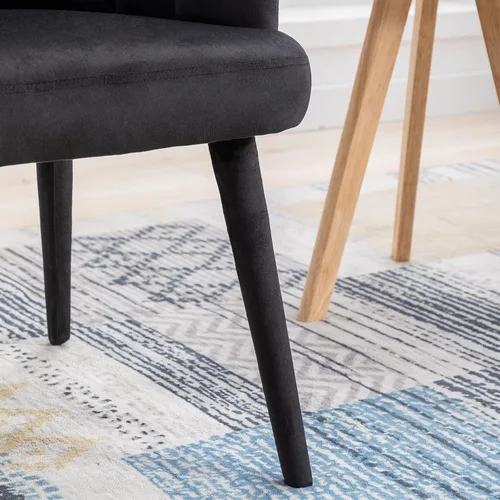 Miniatura 7 de Juego de 2 sillas de comedor de terciopelo modernas con respaldo de pétalos y patas de madera, cómodas sillas laterales tapizadas para comedor, Negro