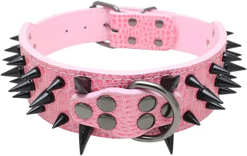 Miniatura 17 de Collar de cuero para perro, collar de perro con pinchos y tachuelas para perros medianos y grandes Pit Bull Mastiff Bully Boxer (S, rosa intenso)