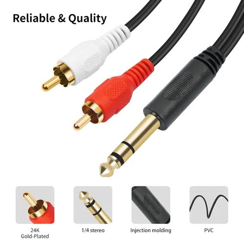 Miniatura 6 de Conector estéreo TRS macho chapado en oro de 0.250 in 1/4 pulgadas a 2 RCA Phono macho Audio Y Splitter Cable, conector de cable (4.9 ft)