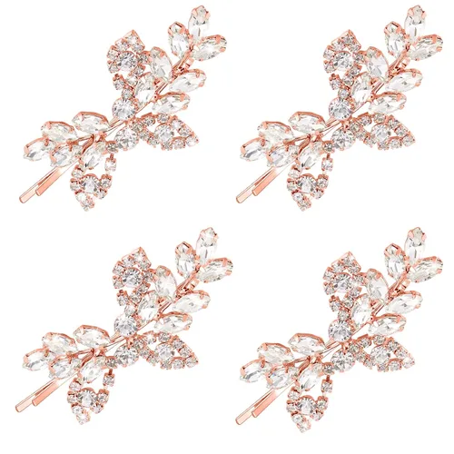 Miniatura 8 de Waydress 4 pinzas para el pelo con diamantes de imitación para boda, pasador de pelo de novia, diseño de hojas decorativas, accesorios de horquilla