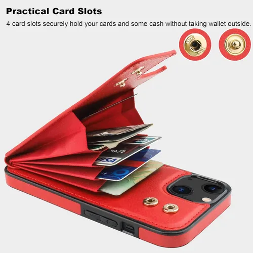 Miniatura 4 de Folosu Funda compatible con iPhone 13 con soporte para tarjetas, rotación de 360°, soporte de anillo de dedo con función atril, protección con Rojo