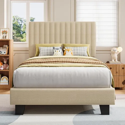 iPormis Base de cama tamaño individual, cama tapizada con plataforma con cabecero de lino vertical, patas de cama anchas y fuerte soporte de