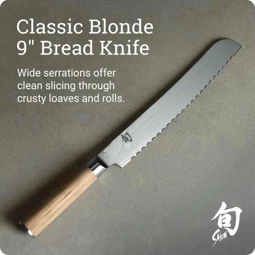 Miniatura 2 de Cuchillo de Pan Clásico Shun Blonde de 9", Cuchillo Serrado Japonés Hecho a Mano, Núcleo VG-MAX con Revestimiento de Acero Inoxidable Damasco, Mango