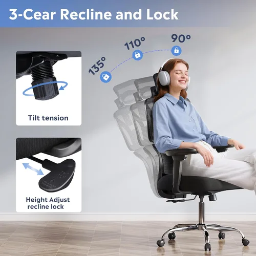 Miniatura 6 de DEVAISE Silla de oficina grande y alta, silla de escritorio ergonómica reclinable para largas horas, cómoda malla transpirable, reposabrazos Nuevo