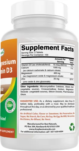 Miniatura 5 de Best Naturals Calcio y magnesio zinc con vitamina D3, 300 tabletas - Calcio 1000 mg, magnesio 400 mg, zinc 25 mg y D3 600 UI por porción (3 tabletas)