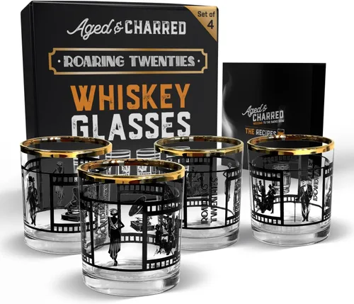 Roaring - Juego de 4 vasos de whisky para decoración de fiesta de los años 20, cristalería de cristal de primera calidad con elegante caja de
