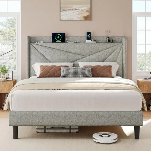 Miniatura 13 de iPormis Base de cama tamaño Queen con estación de carga, marco de cama de plataforma de lino con cabecera tapizada con respaldo de ala, soporte
