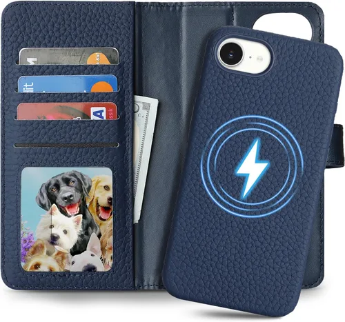 Miniatura 29 de Funda desmontable de piel auténtica para iPhone 13/14, funda magnética 2 en 1 extraíble, soporte de carga MagSafe, función de soporte para tarjetas