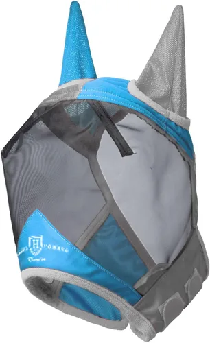Miniatura 2 de Harrison Howard Máscara de mosca de caballo luminosa profesional estándar con orejas, protección UV, para caballos, azul y plateado, mazorca mediana