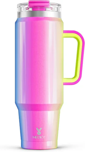 Miniatura 30 de Meoky Vaso de 40 onzas con asa y pajita, vaso aislado con tapa y popote, taza de viaje de acero inoxidable, mantiene el frío durante 34 horas, 100%